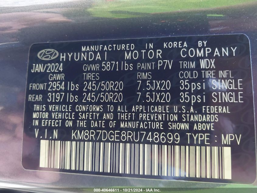 2024 Hyundai Palisade Calligraphy VIN: KM8R7DGE8RU748699 Lot: 40646611