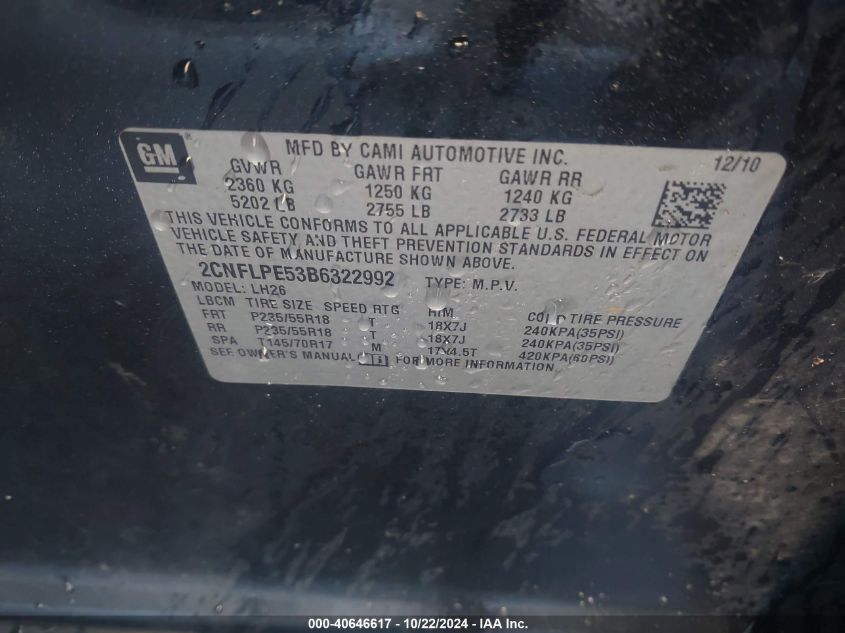 2011 Chevrolet Equinox 2Lt VIN: 2CNFLPE53B6322992 Lot: 40646617