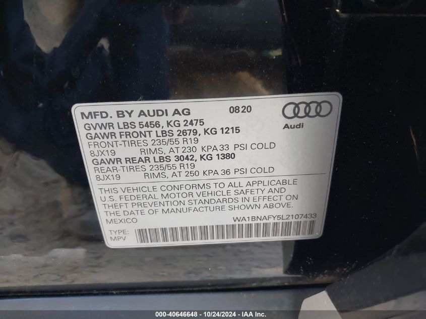 2020 Audi Q5 Premium Plus 45 Tfsi Quattro S Tronic VIN: WA1BNAFY5L2107433 Lot: 40646648