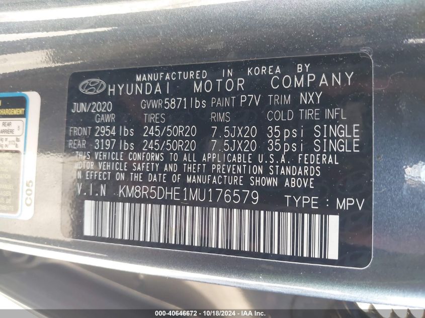 2021 Hyundai Palisade Limited VIN: KM8R5DHE1MU176579 Lot: 40646672