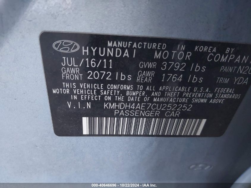 2012 Hyundai Elantra Gls (Ulsan Plant) VIN: KMHDH4AE7CU252252 Lot: 40646696