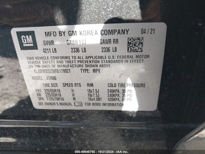 2021 Buick Encore Gx Preferred VIN: KL4MMBS29MB179921 Lot: 40646760