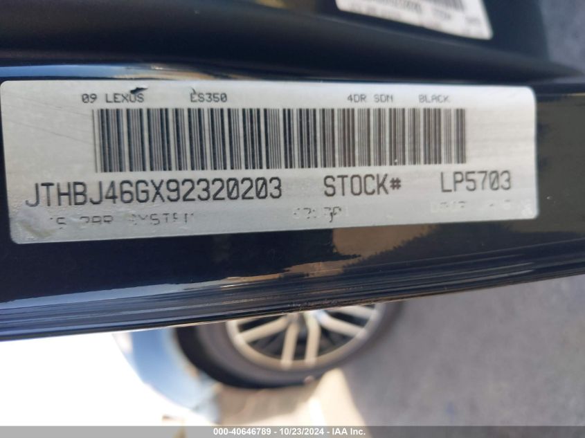 2009 Lexus Es 350 VIN: JTHBJ46GX92320203 Lot: 40646789