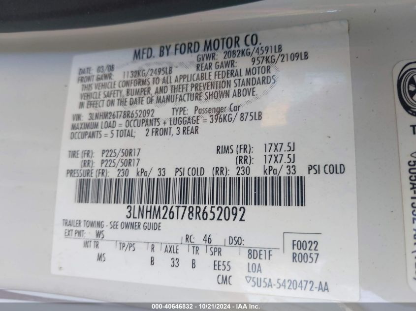 2008 Lincoln Mkz VIN: 3LNHM26T78R652092 Lot: 40646832