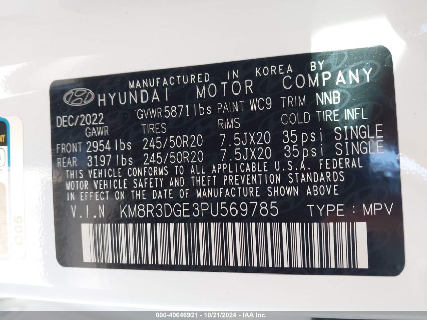 2023 Hyundai Palisade Xrt VIN: KM8R3DGE3PU569785 Lot: 40646921