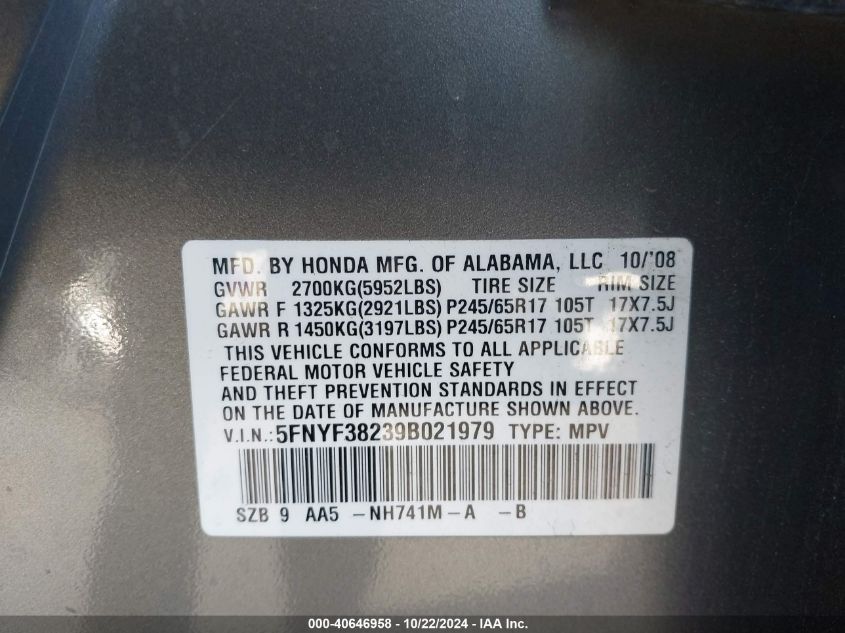 2009 Honda Pilot Lx VIN: 5FNYF38239B021979 Lot: 40646958