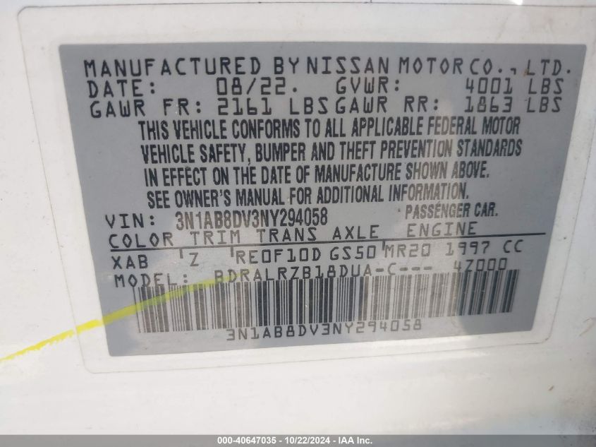 2022 Nissan Sentra Sr Xtronic Cvt VIN: 3N1AB8DV3NY294058 Lot: 40647035