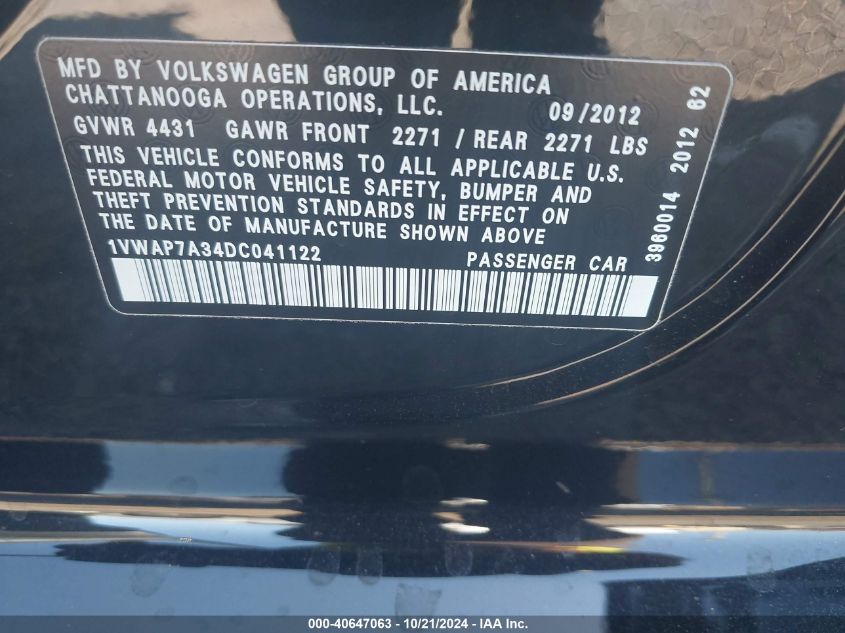 2013 Volkswagen Passat 2.5L S VIN: 1VWAP7A34DC041122 Lot: 40647063