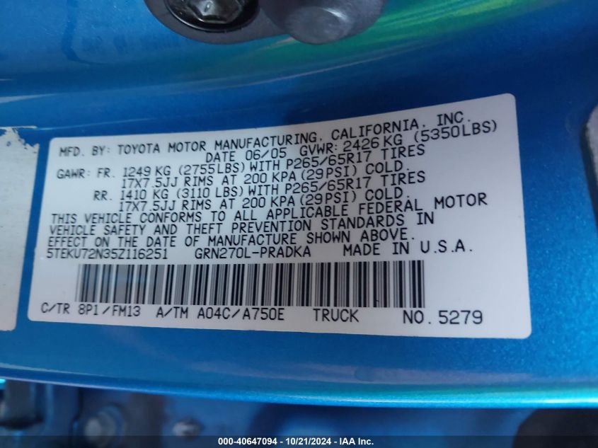 2005 Toyota Tacoma Dbl Cab Prerunner Lng Bed VIN: 5TEKU72N35Z116251 Lot: 40647094