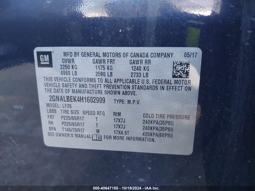 VIN 2GNALBEK4H1602909 2017 CHEVROLET EQUINOX LS