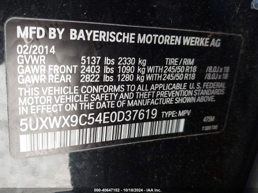 2014 BMW X3 xDrive28I VIN: 5UXWX9C54E0D37619 Lot: 40647152