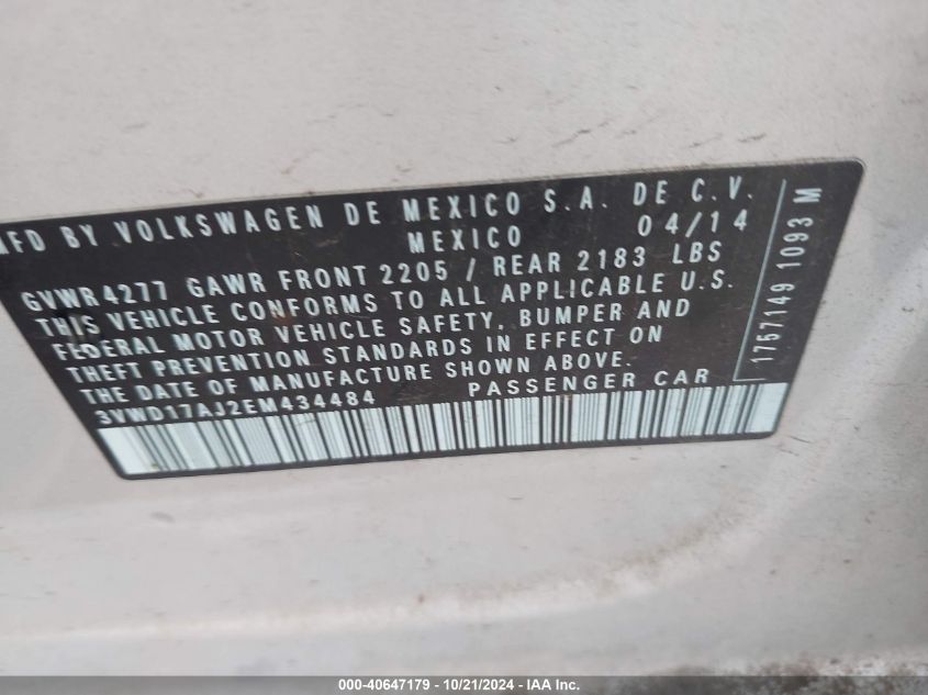 2014 Volkswagen Jetta 1.8T Se VIN: 3VWD17AJ2EM434484 Lot: 40647179
