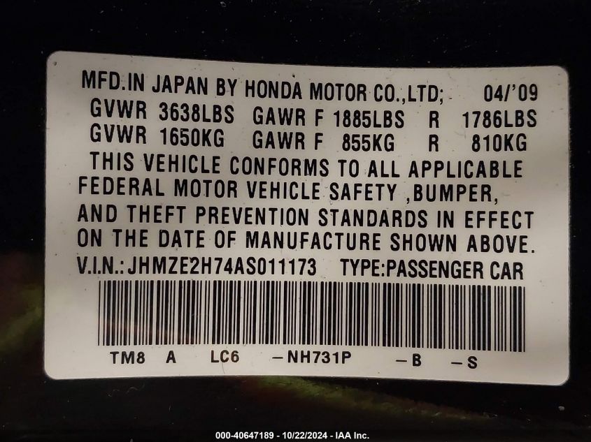 2010 Honda Insight Ex VIN: JHMZE2H74AS011173 Lot: 40647189