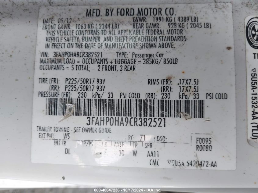 2012 Ford Fusion Se VIN: 3FAHP0HA9CR382521 Lot: 40647236