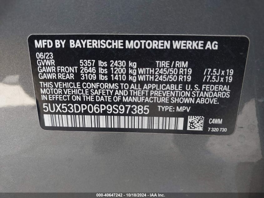 VIN 5UX53DP06P9S97385 2023 BMW X3, Xdrive30I no.9