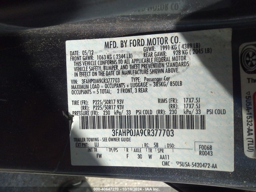 2012 Ford Fusion Sel VIN: 3FAHP0JA9CR377703 Lot: 40647270