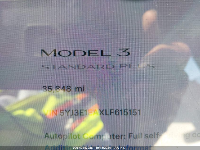 2020 Tesla Model 3 Standard Range Plus Rear-Wheel Drive/Standard Range Rear-Wheel Drive VIN: 5YJ3E1EAXLF615151 Lot: 40647286