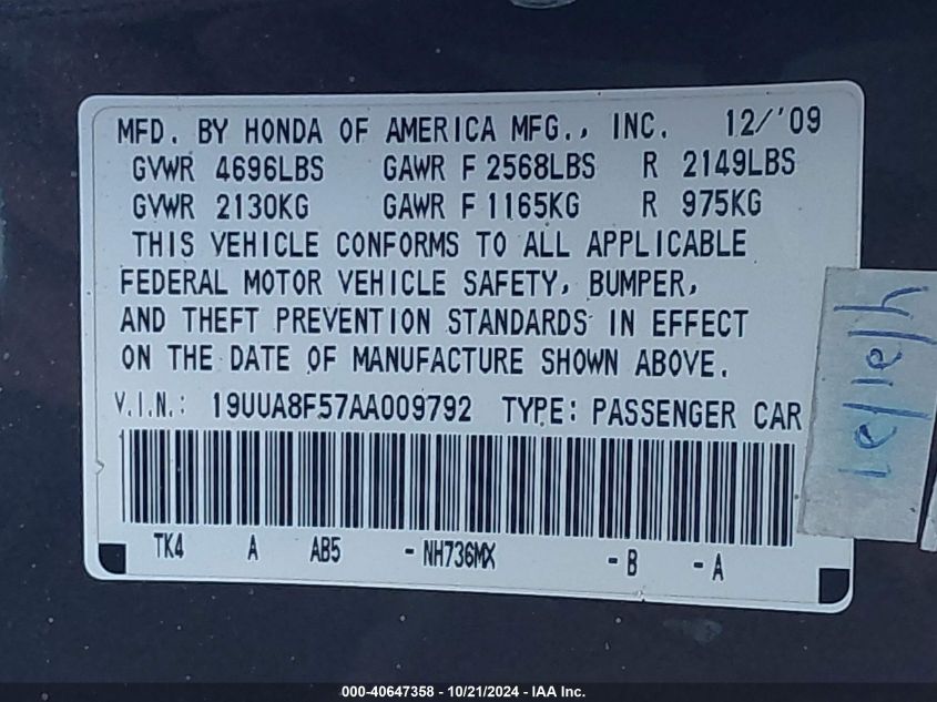 2010 Acura Tl 3.5 VIN: 19UUA8F57AA009792 Lot: 40647358