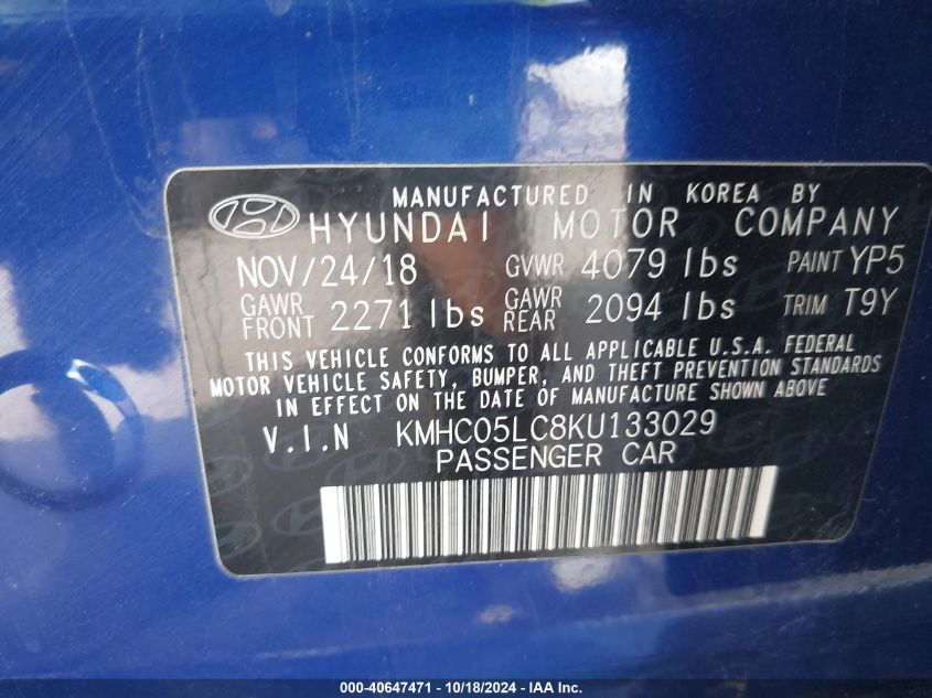 2019 Hyundai Ioniq Hybrid Limited VIN: KMHC05LC8KU133029 Lot: 40647471