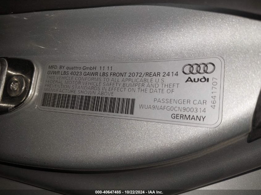 2012 Audi R8 Gt VIN: WUA9NAFG0CN900314 Lot: 40647485