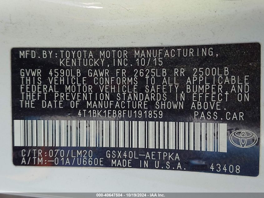 2015 TOYOTA AVALON LIMITED - 4T1BK1EB8FU191859