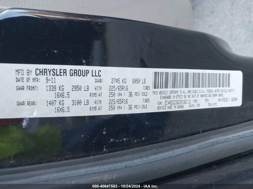 2012 Dodge Grand Caravan Sxt VIN: 2C4RDGCG6CR166112 Lot: 40647583