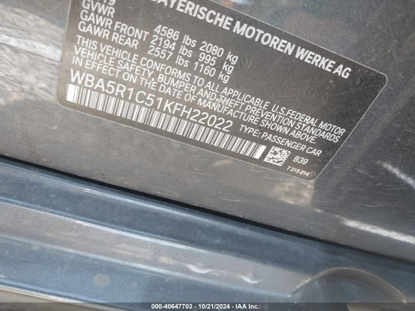 2019 BMW 330I VIN: WBA5R1C51KFH22022