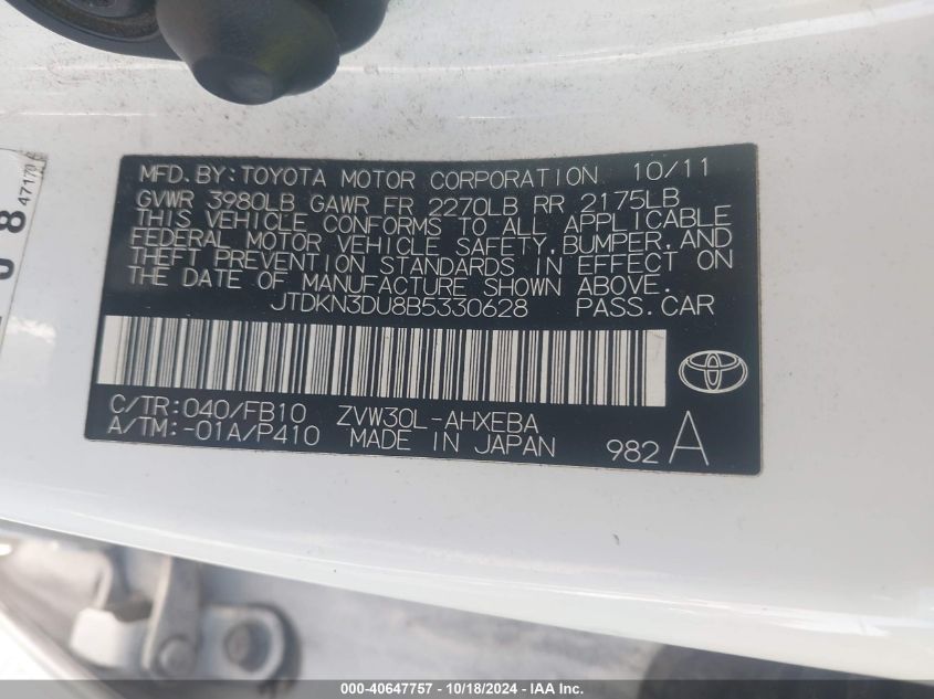 2011 Toyota Prius Three VIN: JTDKN3DU8B5330628 Lot: 40647757