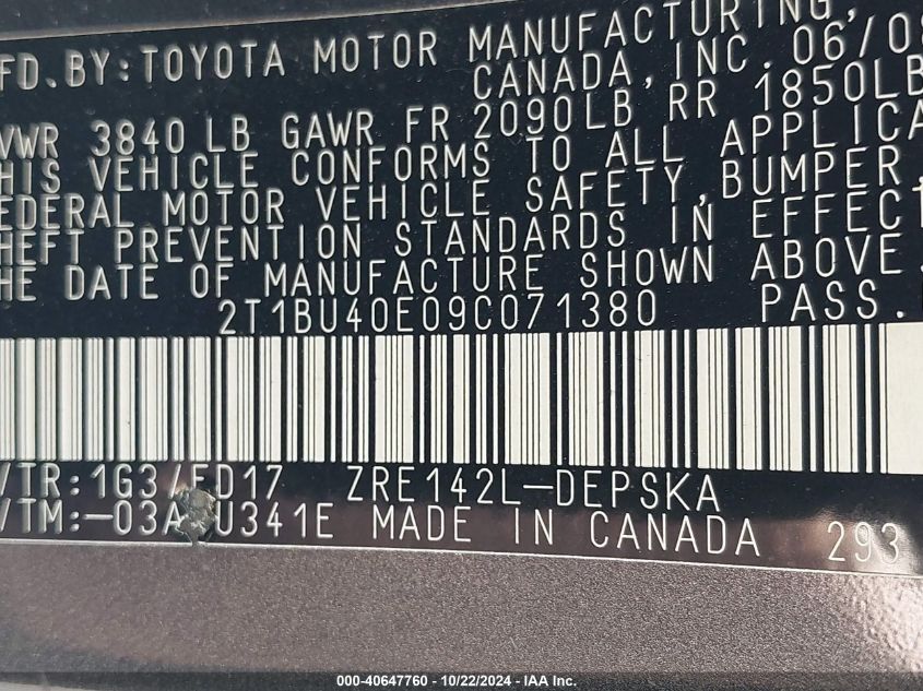 2009 Toyota Corolla S VIN: 2T1BU40E09C071380 Lot: 40647760