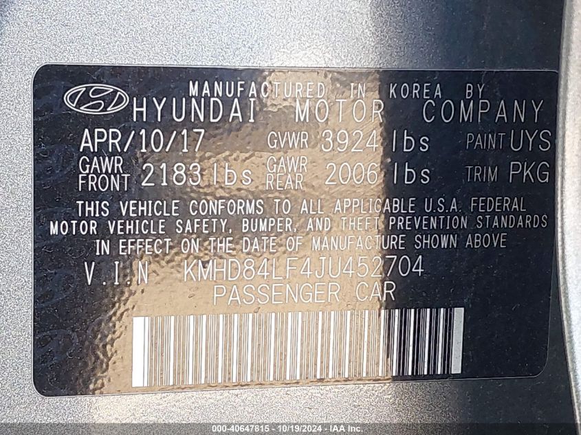 2018 HYUNDAI ELANTRA SEL - KMHD84LF4JU452704