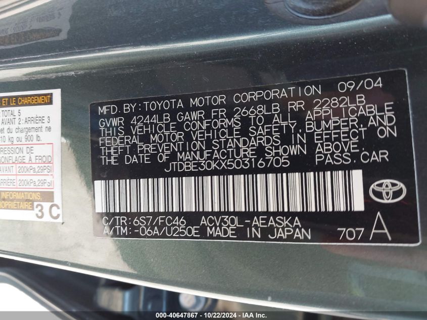 2005 Toyota Camry Se VIN: JTDBE30KX50316705 Lot: 40647867