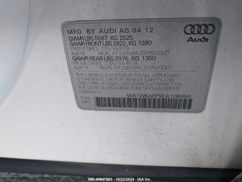 2012 Audi Q5 3.2 Premium VIN: WA1WKAFP9CA106650 Lot: 40647963