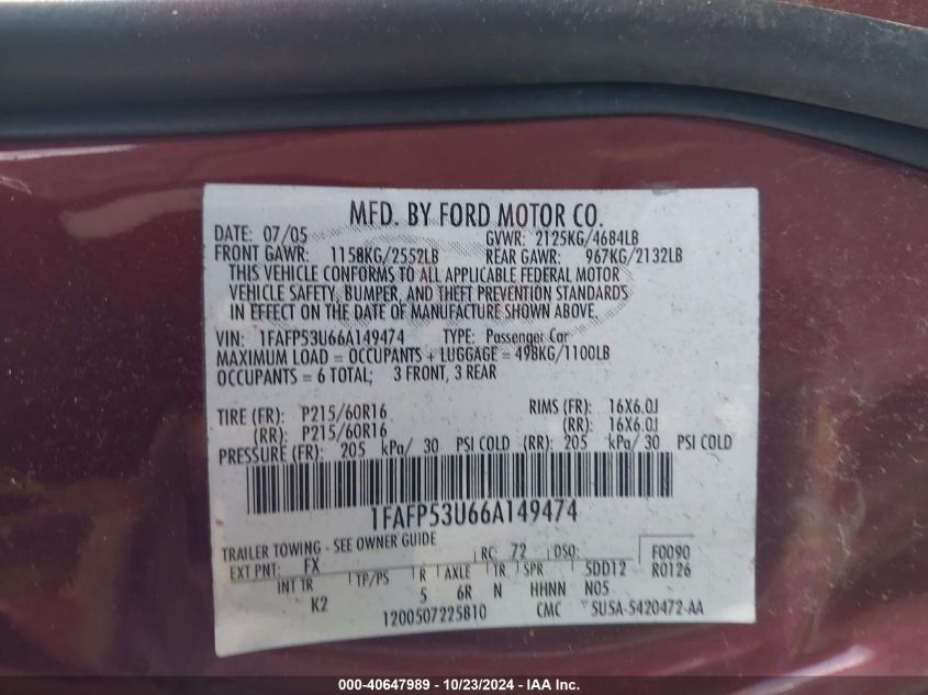 2006 Ford Taurus Se VIN: 1FAFP53U66A149474 Lot: 40647989