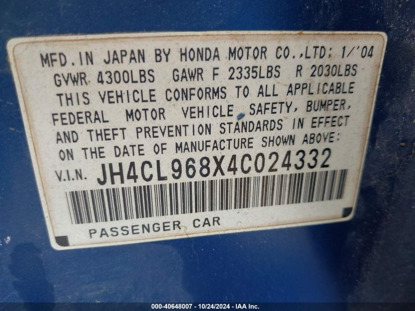2004 Acura Tsx VIN: JH4CL968X4C024332 Lot: 40648007