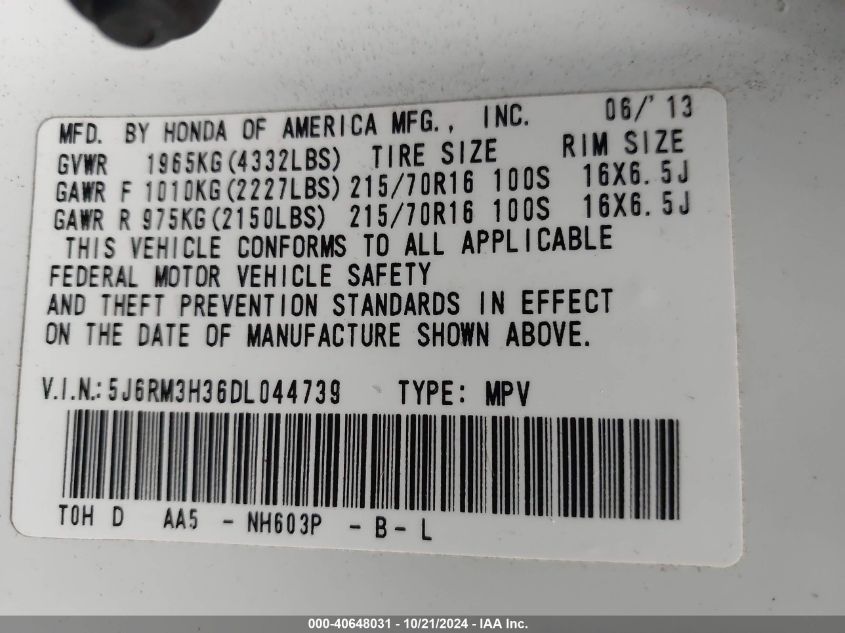 2013 Honda Cr-V Lx VIN: 5J6RM3H36DL044739 Lot: 40648031