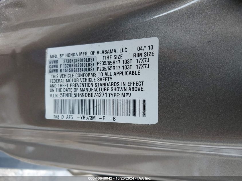 VIN 5FNRL5H69DB074271 2013 HONDA ODYSSEY no.9