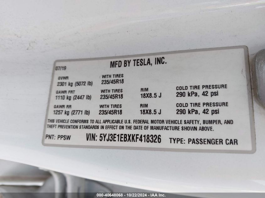 2019 Tesla Model 3 Long Range/Performance VIN: 5YJ3E1EBXKF418326 Lot: 40648068