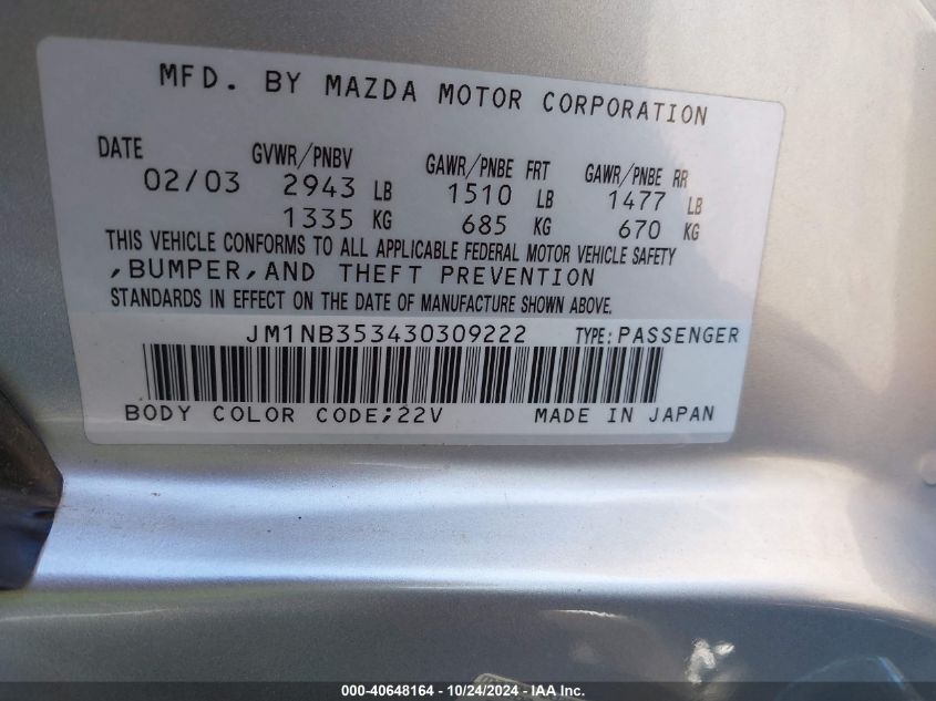 2003 Mazda Mx-5 Miata Cloth/Ls/Se/Shinsen VIN: JM1NB353430309222 Lot: 40648164