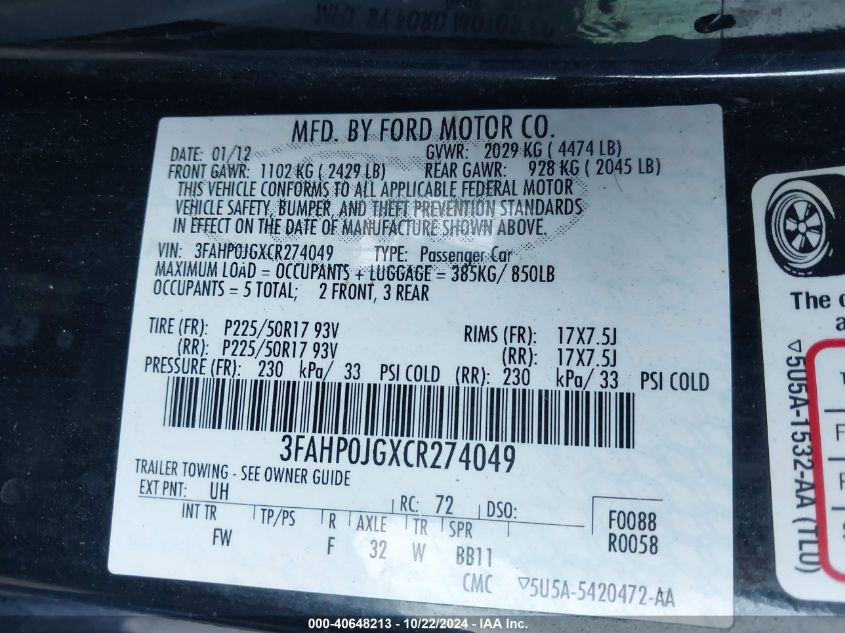 2012 Ford Fusion Sel VIN: 3FAHP0JGXCR274049 Lot: 40648213