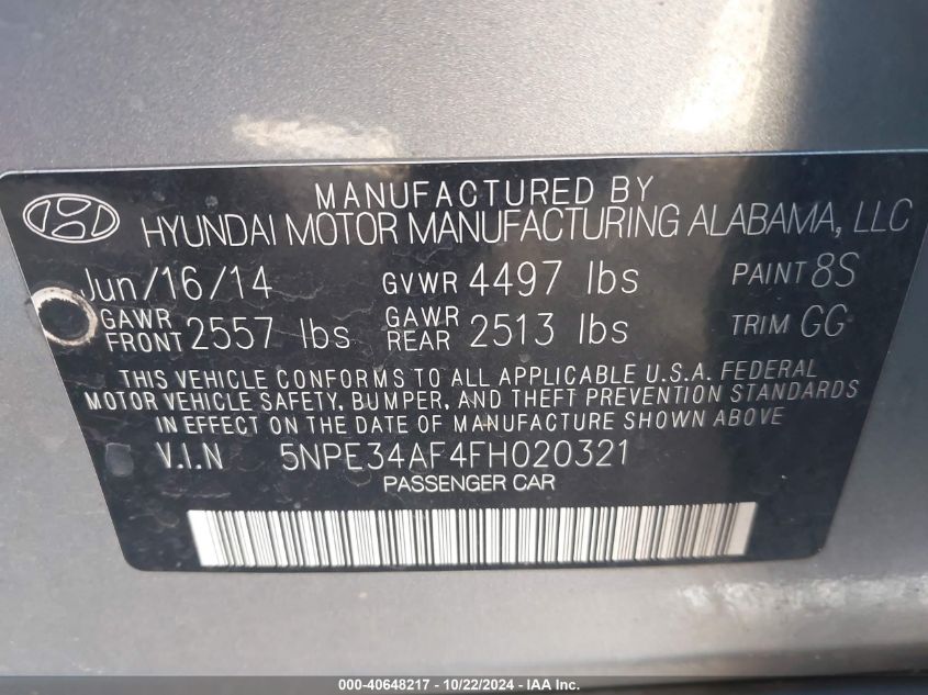 2015 Hyundai Sonata Limited VIN: 5NPE34AF4FH020321 Lot: 40648217