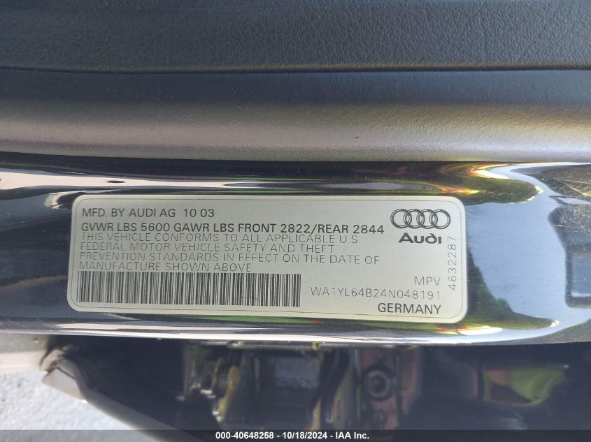 2004 Audi Allroad 4.2 VIN: WA1YL64B24N048191 Lot: 40648258