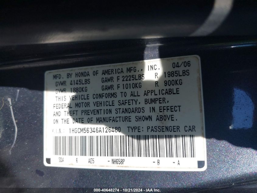 2006 Honda Accord 2.4 Se VIN: 1HGCM56346A126480 Lot: 40648274