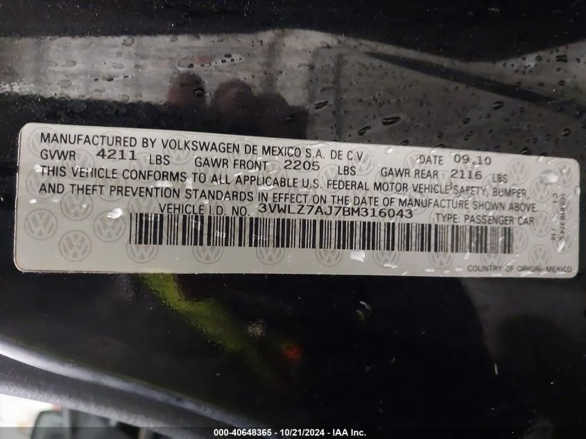 2011 Volkswagen Jetta 2.5L Sel VIN: 3VWLZ7AJ7BM316043 Lot: 40648365