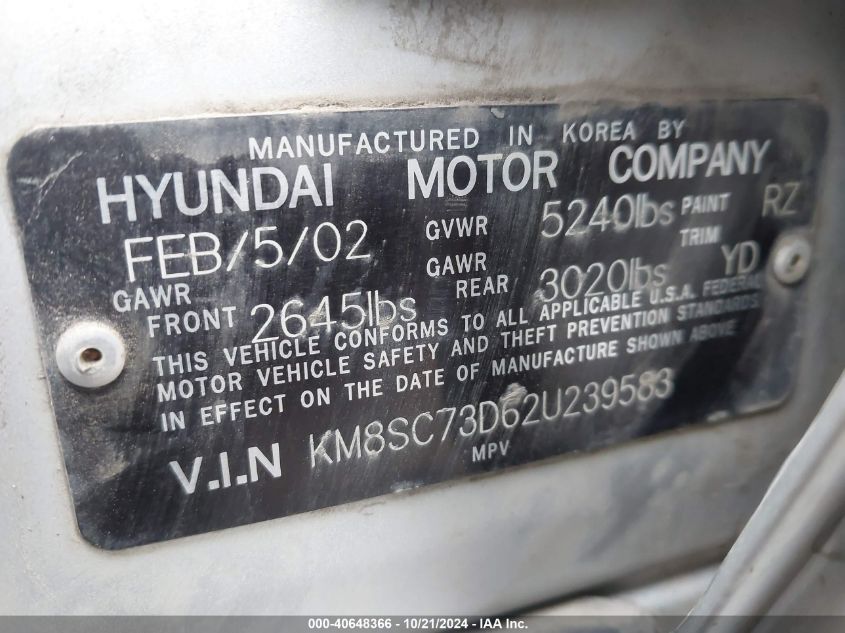 2002 Hyundai Santa Fe Gls/Lx VIN: KM8SC73D62U239583 Lot: 40648366