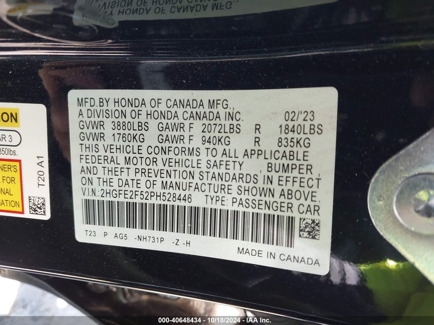VIN 2HGFE2F52PH528446 2023 HONDA CIVIC SPORT