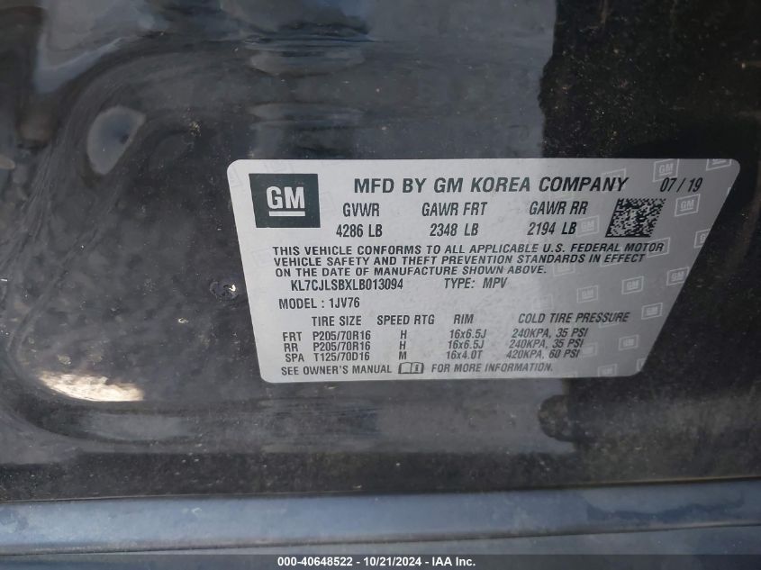 2020 CHEVROLET TRAX FWD LT - KL7CJLSBXLB013094