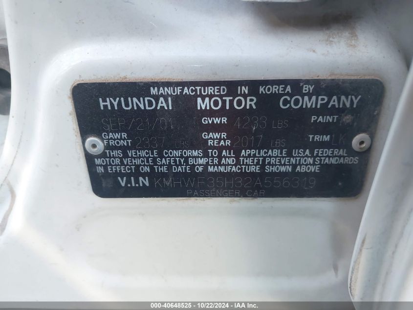 2002 Hyundai Sonata Gls/Lx VIN: KMHWF35H32A556319 Lot: 40648525