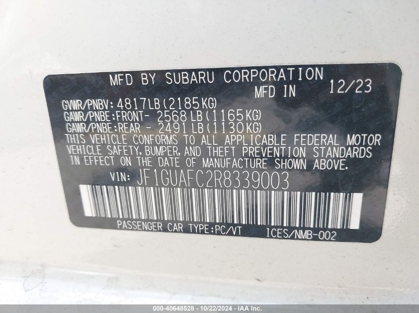 2024 Subaru Impreza Sport 5-Door VIN: JF1GUAFC2R8339003 Lot: 40648528