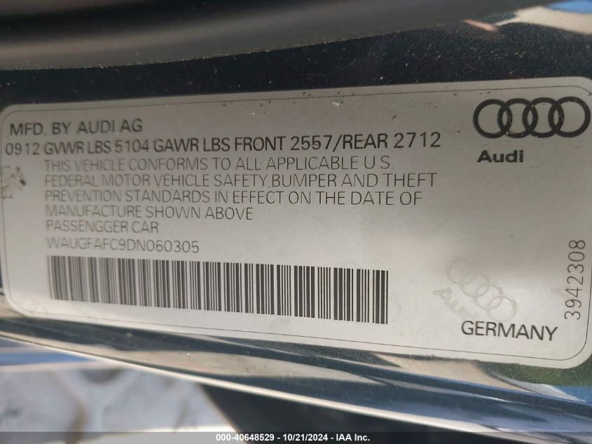 2013 Audi A6 Premium Plus VIN: WAUGFAFC9DN060305 Lot: 40648529