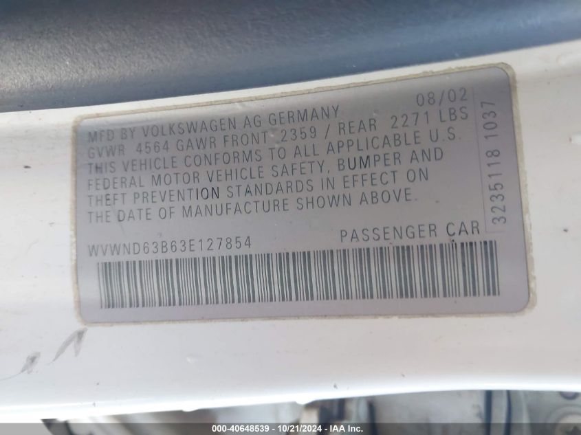 2003 Volkswagen Passat Gl VIN: WVWND63B63E127854 Lot: 40648539